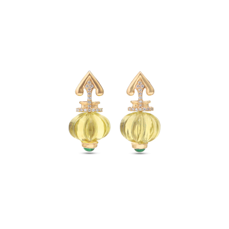 The Kalash Carved Lemon Quartz & Emerald Drop Earrings
