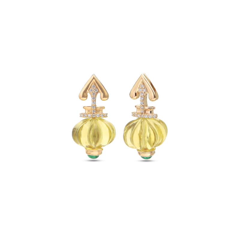 The Kalash Carved Lemon Quartz & Emerald Drop Earrings