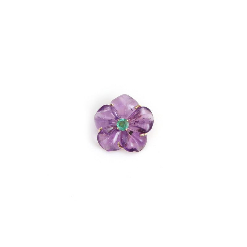 Violet Bloom carved amethyst flower pendant with emerald centre and gold detailing by Carat & Kin