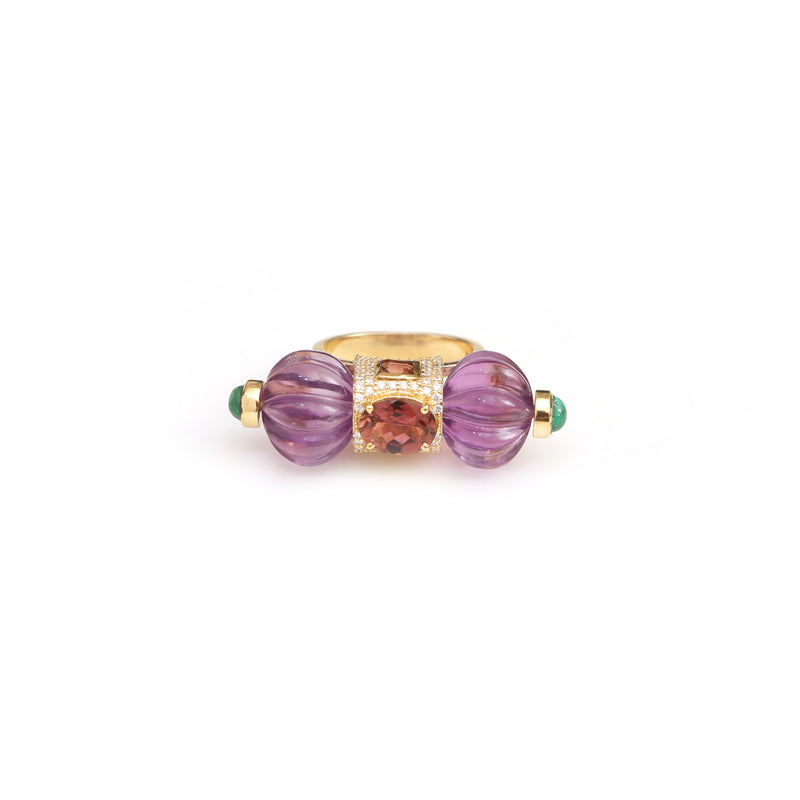 The Jharokha Carved Amethyst, Pink Tourmaline & Emerald Ring