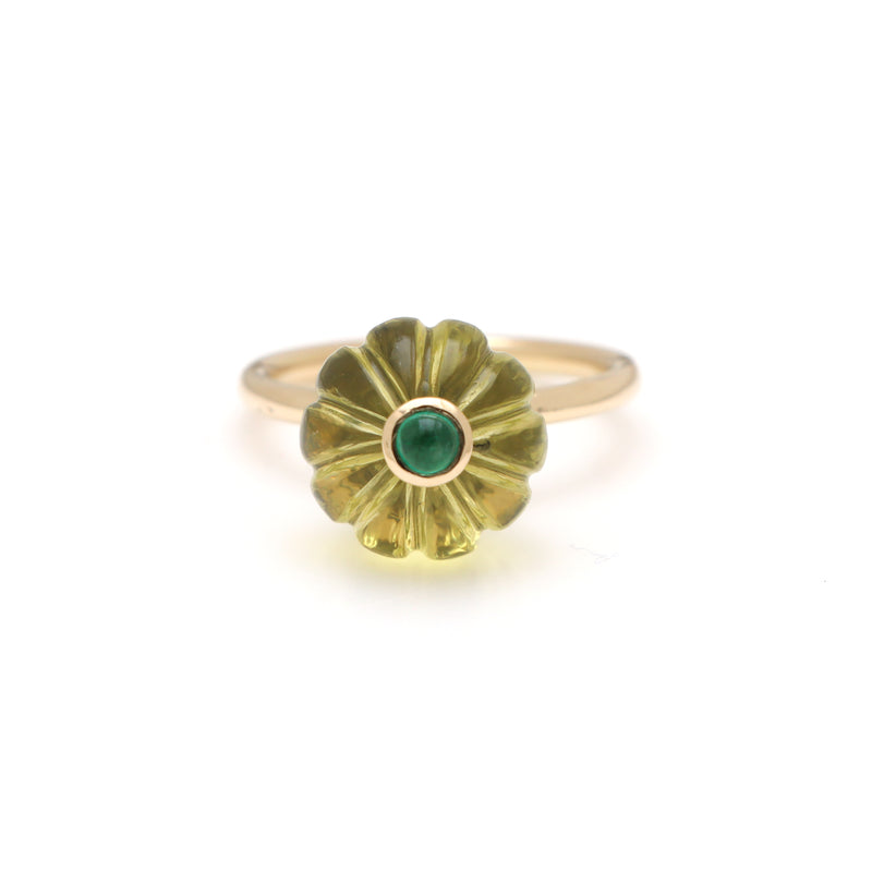 The Gumbad Carved Lemon Quartz & Emerald Ring