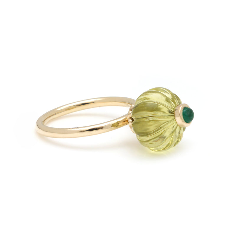 The Gumbad Carved Lemon Quartz & Emerald Ring