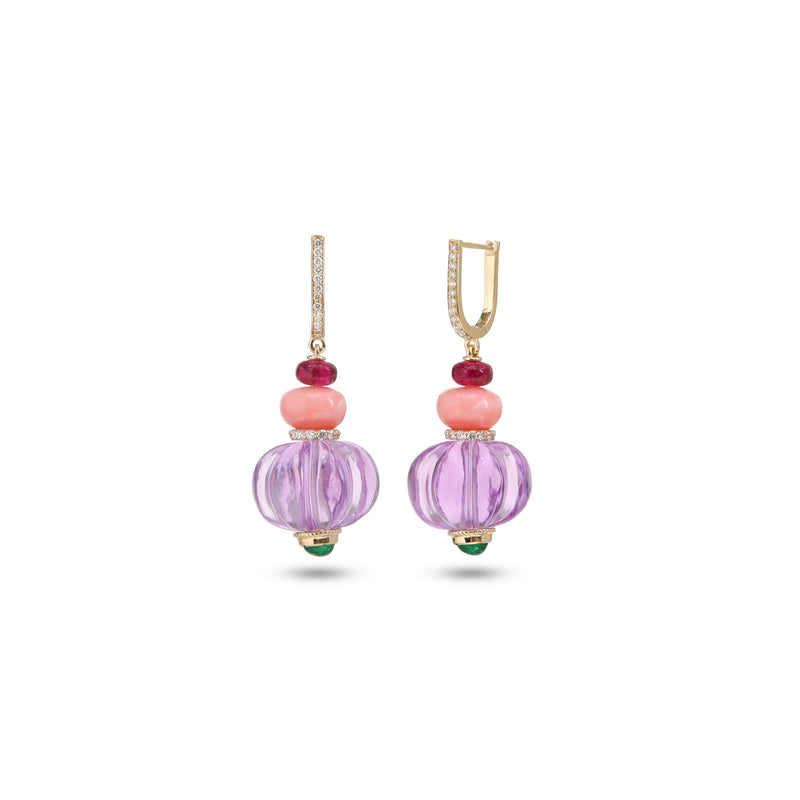 The Kandil Carved Pink Amethyst & Emerald Drop Earrings