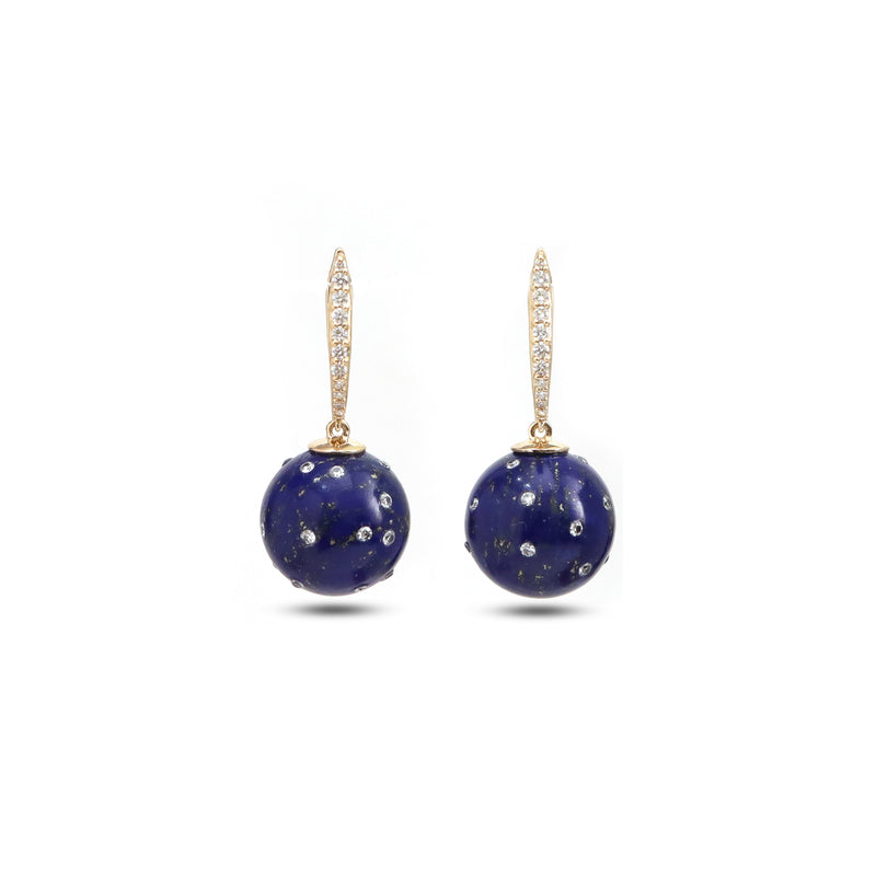 Celeste lapis lazuli drop earrings with scattered diamond accents and diamond-set gold hoops by Carat & Kin