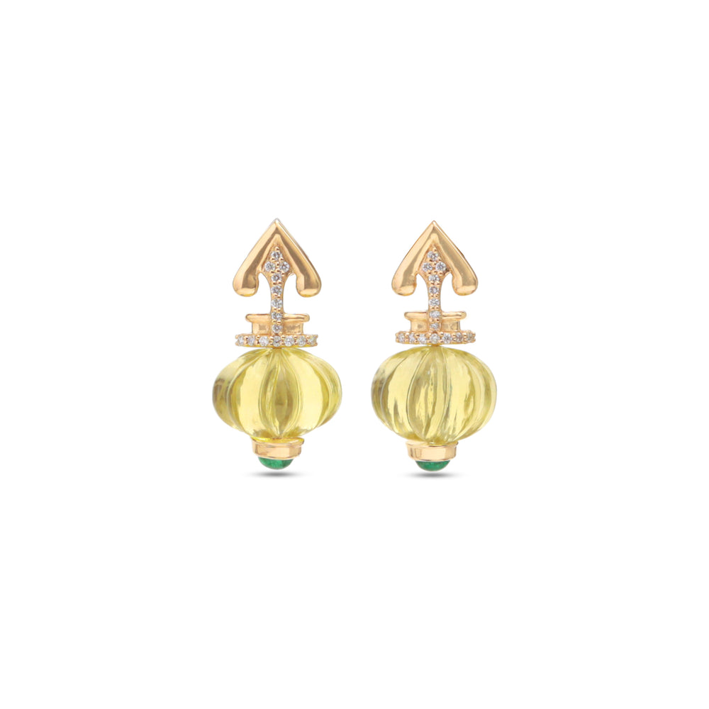 The Kalash Carved Lemon Quartz & Emerald Drop Earrings