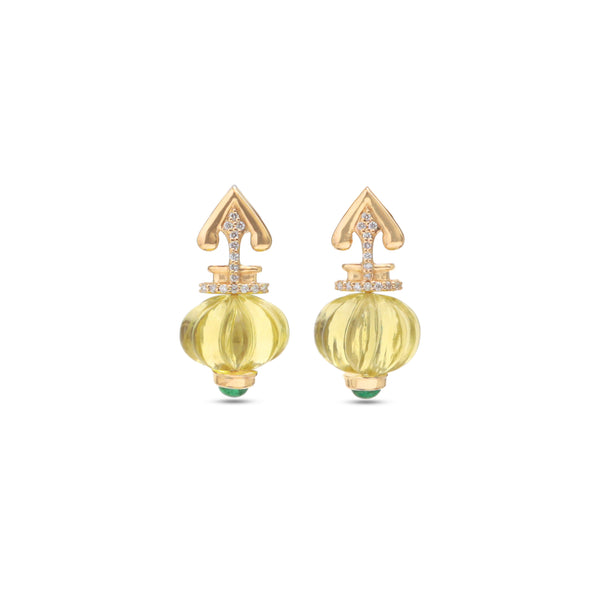 The Kalash Carved Lemon Quartz & Emerald Drop Earrings