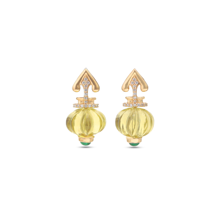 The Kalash Carved Lemon Quartz & Emerald Drop Earrings
