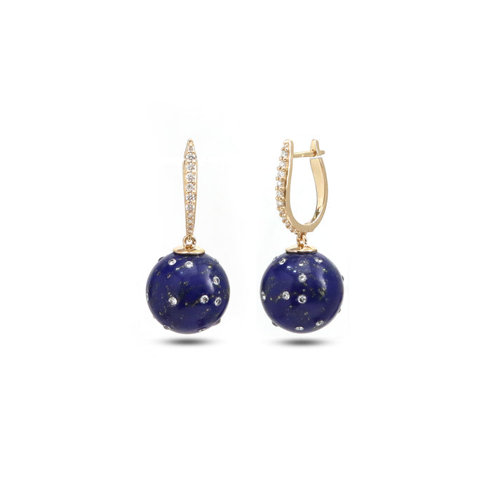 Celeste lapis lazuli drop earrings with scattered diamond accents and diamond-set gold hoops by Carat & Kin