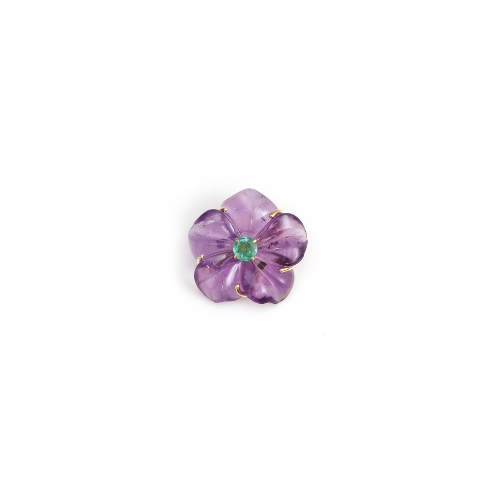 Violet Bloom carved amethyst flower pendant with emerald centre and gold detailing by Carat & Kin