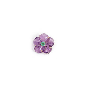 Violet Bloom carved amethyst flower pendant with emerald centre and gold detailing by Carat & Kin