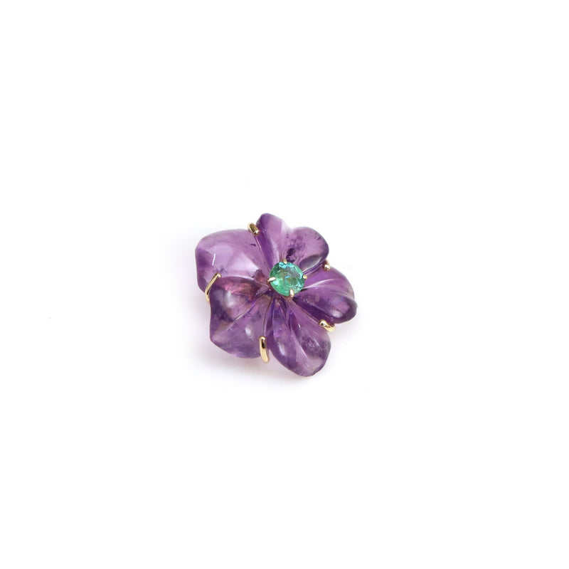 Violet Bloom carved amethyst flower pendant with emerald centre and gold detailing by Carat & Kin