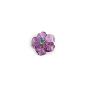 Violet Bloom carved amethyst flower pendant with emerald centre and gold detailing by Carat & Kin