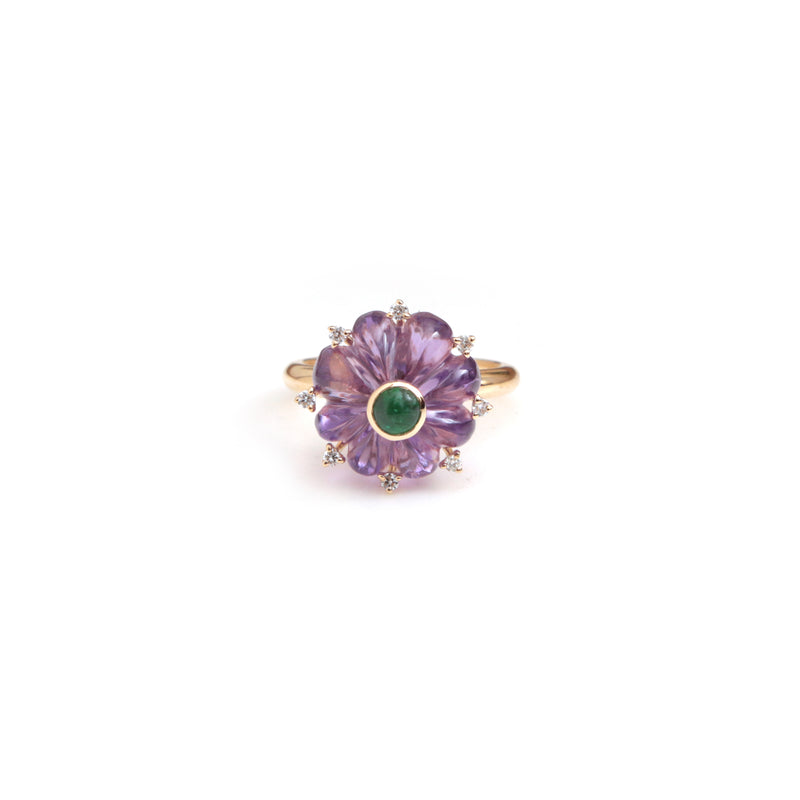 The Kachnar Carved Amethyst & Emerald Flower Ring