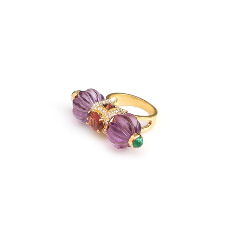 The Jharokha Carved Amethyst, Pink Tourmaline & Emerald Ring