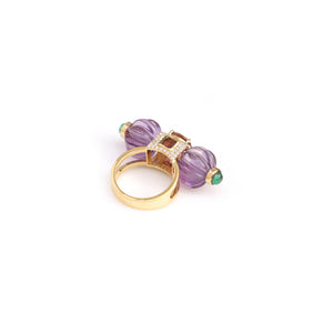 The Jharokha Carved Amethyst, Pink Tourmaline & Emerald Ring