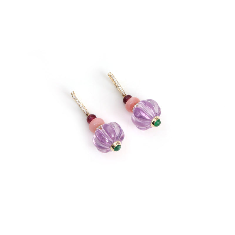 The Kandil Carved Pink Amethyst & Emerald Drop Earrings