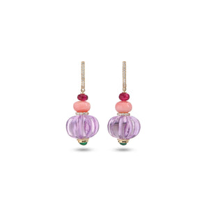 The Kandil Carved Pink Amethyst & Emerald Drop Earrings