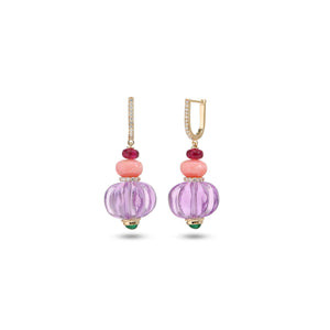 The Kandil Carved Pink Amethyst & Emerald Drop Earrings