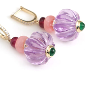 The Kandil Carved Pink Amethyst & Emerald Drop Earrings