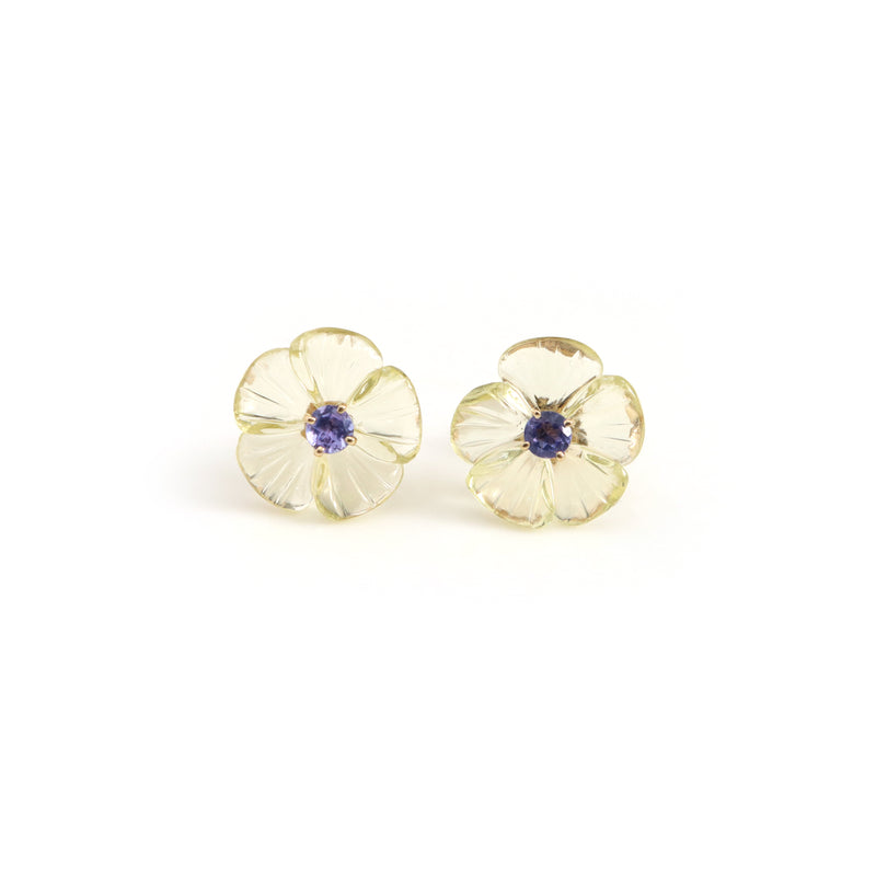 The Basant Carved Lemon Quartz & Tanzanite Flower Earrings