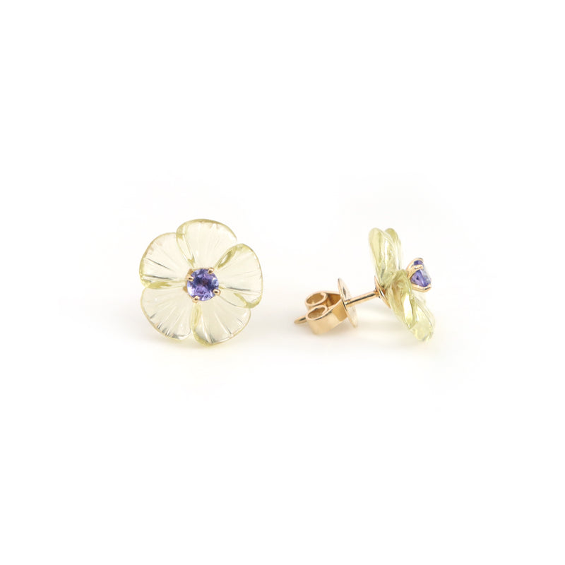 The Basant Carved Lemon Quartz & Tanzanite Flower Earrings